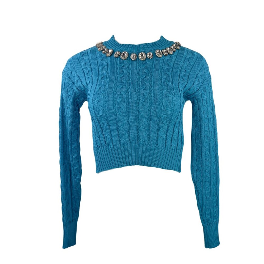Giuseppe Di Morabito Blue Cropped Sweater with Crystals along Neckline